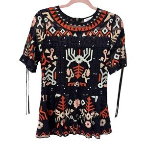 Parker Embroidered Size Small Boho Mesh Peplum Top Black coral geometric navy